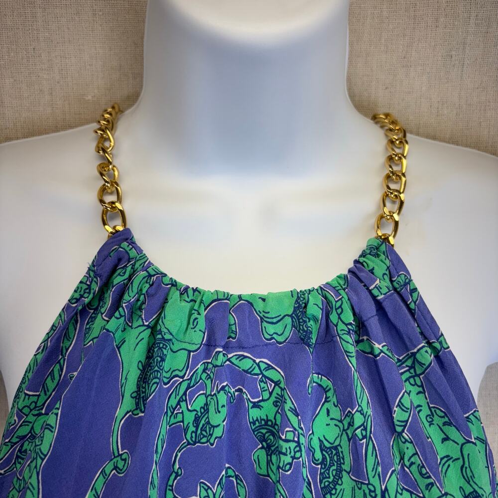 100% Silk XS Lilly Pulitzer Cabana chain halter‎ Iris blue loopy elephants - Picture 3 of 8